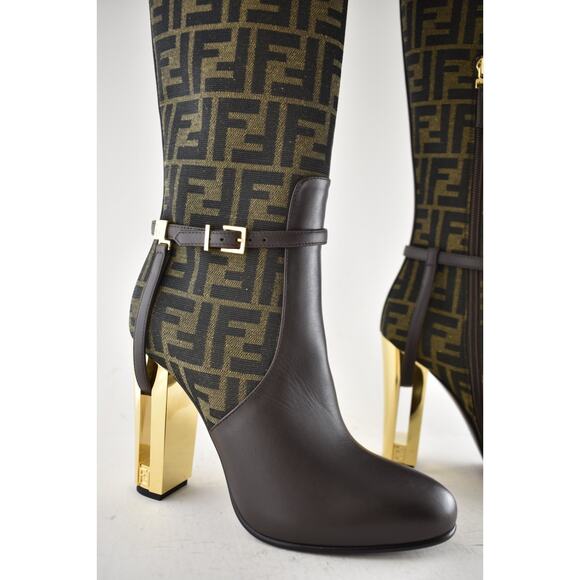 Fendi 105mm Traced Brown Leather Monogram FF Logo Motif Knee High Heel Boot 37 - Picture 8 of 16